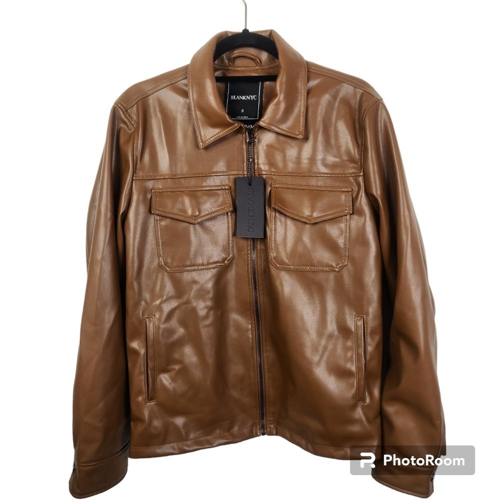 NEW Blank NYC Mens Full Zip 4 Pocket Faux Leather Bomber Jacket Size Small